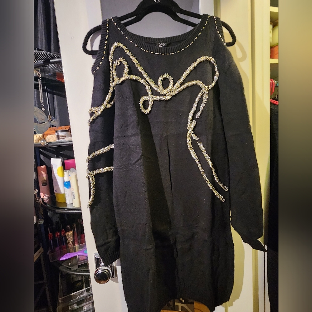 TOPSHOP Black Beaded Cold Shoulder Sweater Dress
